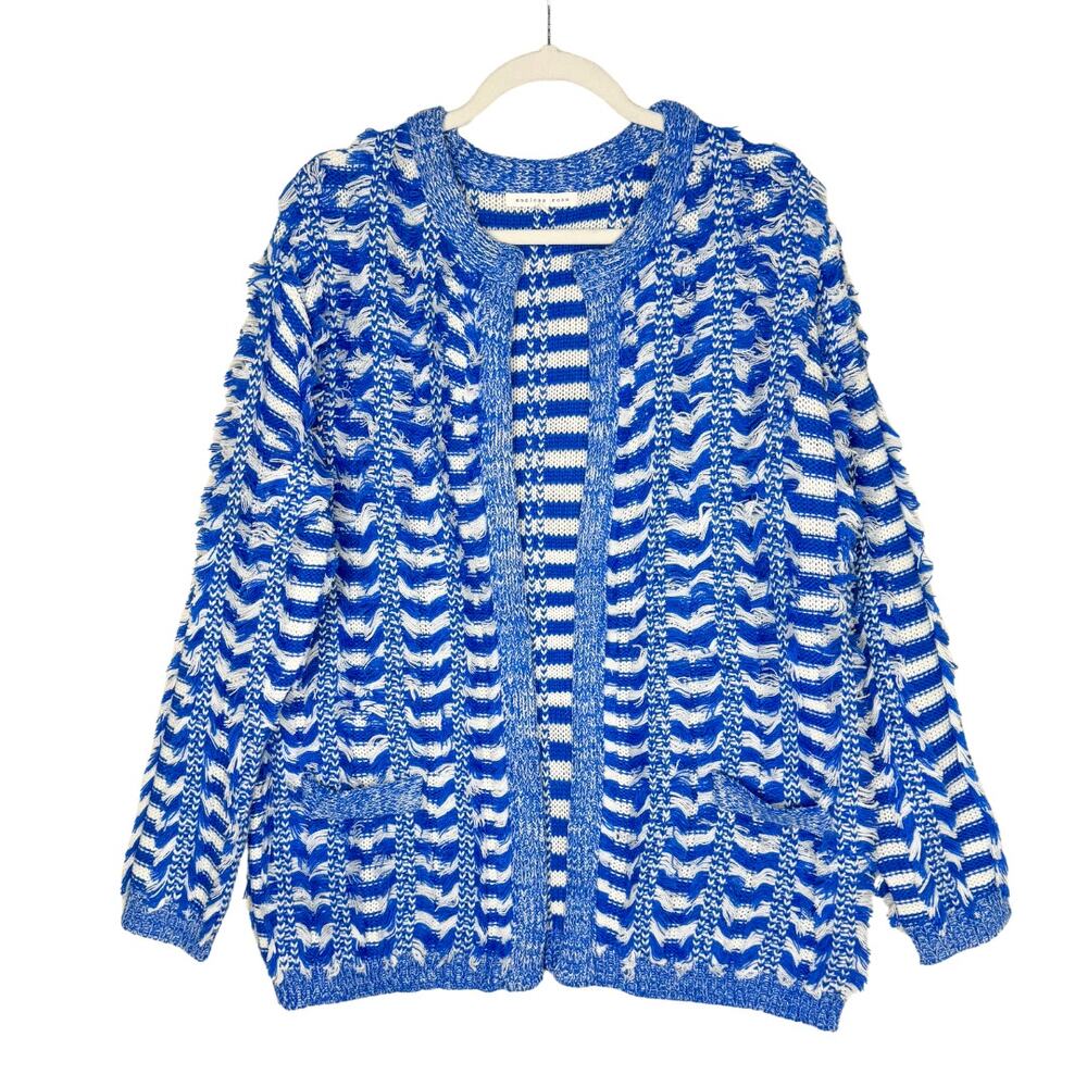 Endless Rose Open Front Striped Fringe Cardigan Sweater Size M/L Blue White